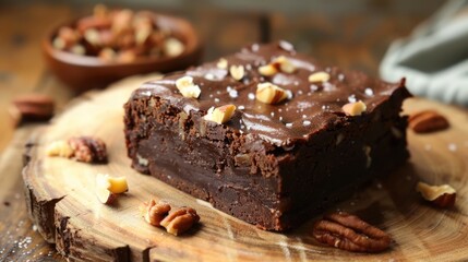 Raw vegan chocolate brownie with nuts on rustic wooden plate. Healthy sweed food concept