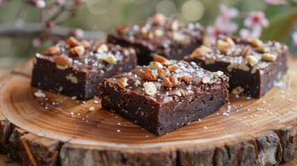 Fototapeta na wymiar Raw vegan chocolate brownie with nuts on rustic wooden plate. Healthy sweed food concept