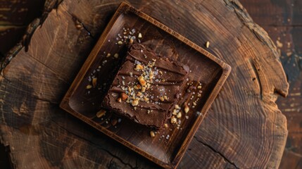 Raw vegan chocolate brownie with nuts on rustic wooden plate. Healthy sweed food concept
