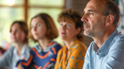 Fototapeta premium A leadership training session with participants engaged in active listening and note-taking, business persons, with copy space