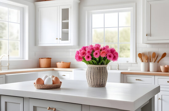 beautiful, bright kitchen with bouquet of pink tulips in a vase. the house is ready for the Easter holiday, there are painted eggs in a basket on the kitchen table.