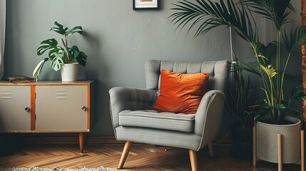 Grey armchair near sofa with orange pillow in vintage living room interior with plant on cabinet