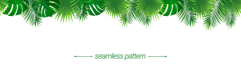 Amazon rainforest tropical leaves seamless pattern. Summer background vector illustration. Tropic foliage template border frame. Jungle plant repeat banner. Green backdrop with lush coconut palm leaf - obrazy, fototapety, plakaty