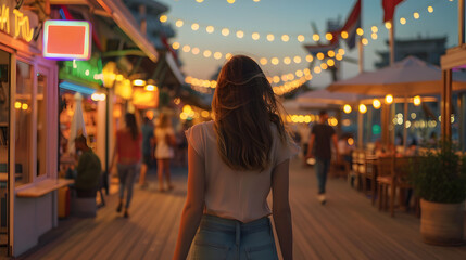 A young woman walking along a boardwalk at a seaside town, with details of the woman's carefree expression, the colorful shops and restaurants, and the people enjoying the summer evening.