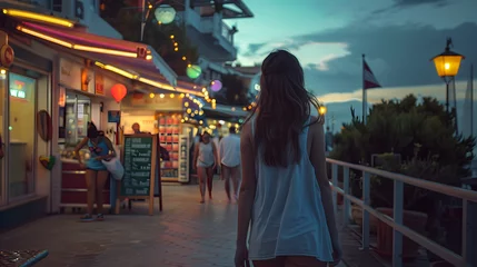 Photo sur Plexiglas Descente vers la plage A young woman walking along a boardwalk at a seaside town, with details of the woman's carefree expression, the colorful shops and restaurants, and the people enjoying the summer evening.