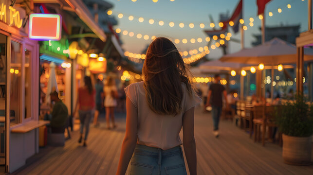 A young woman walking along a boardwalk at a seaside town, with details of the woman's carefree expression, the colorful shops and restaurants, and the people enjoying the summer evening.