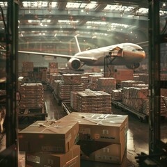 airmail parcel boxes on the background of an airplane