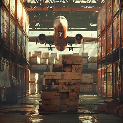 airmail parcel boxes on the background of an airplane - obrazy, fototapety, plakaty