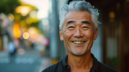 A man with a beard and gray hair is smiling. He is wearing a black shirt and has a beard
