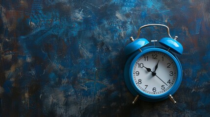 Blue alarm clock on a dark background. Place for text. Time ideas concept. Deadline concept.