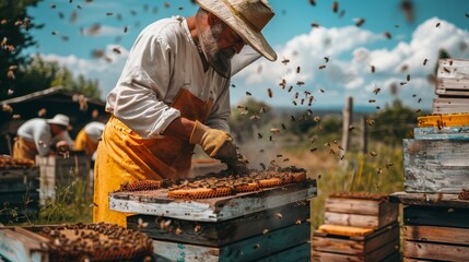 male beekeeper works hive bees honey - obrazy, fototapety, plakaty