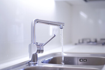 Water pours from a modern tap, faucet in the kitchen against a window in the background