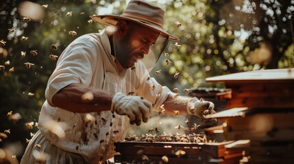 male beekeeper works hive bees honey