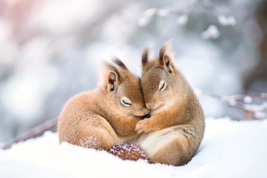 Two squirrels in a snowy scene, cuddling close together with eyes closed, against a soft, blurred background.