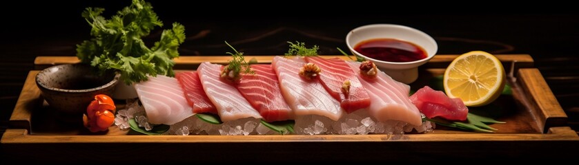 Elegantly presented raw Hamachi fillet and sashimi wooden background enhancing the flavors