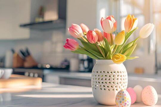 A vase of colorful tulips on a kitchen counter, illuminated by sunlight, with Easter eggs nearby, symbolizing spring and Easter.