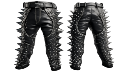 A pair of black leather pants adorned with fierce spikes, adding a rebellious edge to any outfit