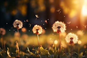 Summer dandelion clearing with green grass, nature landscape photography for flower shop