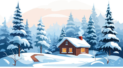 Cozy winter scene with a snow-covered cabin and pin