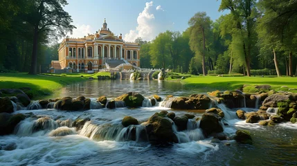 Fotobehang A Palace in the park with water flowing in Lake. © owenstar