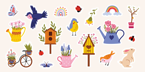 Fototapeta na wymiar Cute spring stickers. Vector illustration with flowers, birds, birdhouses, birdhouses, watering cans with flowers, ladybug, rainbow. Collection of spring elements for scrapbooking. Hand drawn style. 