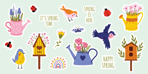 Spring sticker set. Vector cute illustration. Flowers, birds, birdhouses, watering cans with flowers. Collection of spring elements for scrapbooking. Hand drawn style. Banner, poster, sticker.