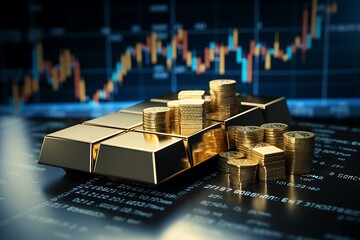 Gold bars and coins on the background of the stock exchange. Financial concept.