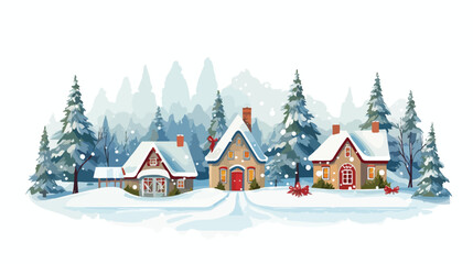 Cozy winter village scene with snow-covered cottage