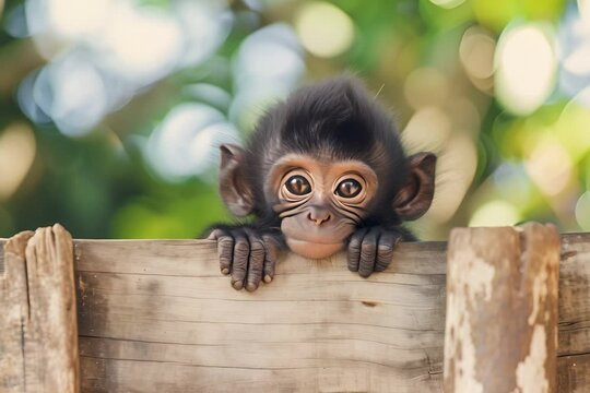 A curious baby monkey peeking over a wooden fence with big, expressive eyes, set against a blurred green background.