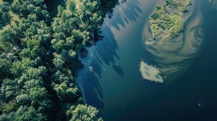 Aerial drone view the river with stretches of deep forest.