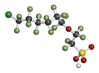 Chlorinated polyfluoroalkyl ether sulfonic acid (6:2 Cl-PFESA) PFAS class molecule.