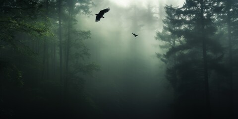 Fototapeta premium Bird Flying Through Foggy Forest