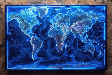 world map illuminated with blue lights