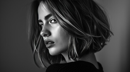 Portrait of a woman with messy lob haircut,  - obrazy, fototapety, plakaty