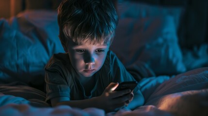 Fototapeta premium child looking at a smartphone in the evening
