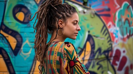 Fototapeta premium Woman with dreadlocks styled into intricate patterns, against a colorful graffiti wal