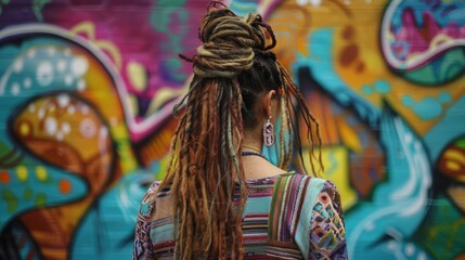 Woman with dreadlocks styled into intricate patterns, against a colorful graffiti wall, aptured...