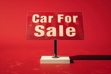 Bright red car for sale sign displayed on tabletop, catching attention with bold text.