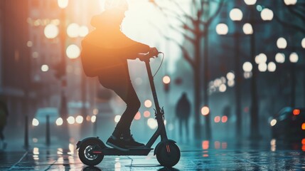 a man rides around the city on a scooter at sunset - obrazy, fototapety, plakaty