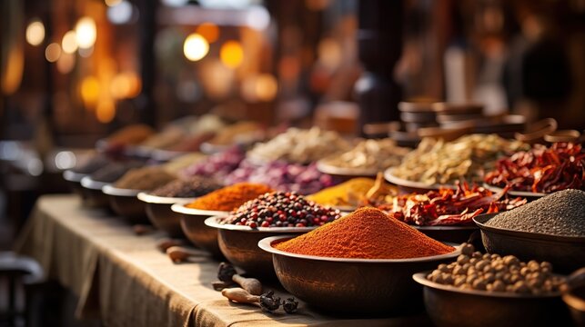 Traditional market with aromatic spices and exotic flavors. Blurred image background.