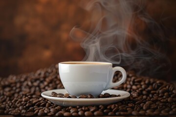 A steaming cup of coffee perched atop a mountain of coffee beans, highlighting the rich aroma and warmth of the brew.