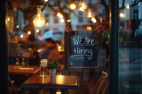 A cozy cafe window displays a sign that reads We Are Hiring, inviting passersby to consider joining the team.
