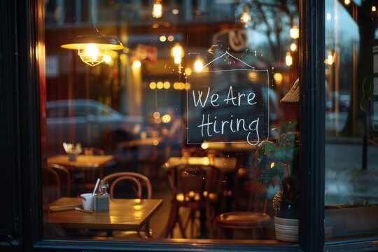 A warm and inviting restaurant window displays a sign reading We Are Hiring.