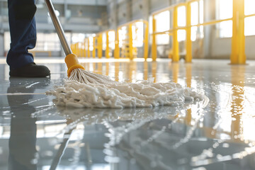 Person Cleaning Floor With Mop - obrazy, fototapety, plakaty