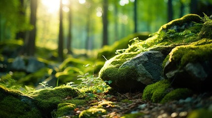 Closeup of green moss covering stone in forest. - obrazy, fototapety, plakaty