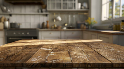 Empty wooden table with blurred kitchen background in warm sunlight