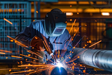 Skilled worker safely welding steel pipe in an advanced industrial factory, showcasing precision and expertise in engineering and manufacturing processes