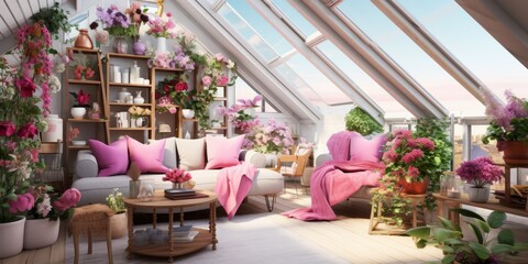 Fototapeta na wymiar Abundant Pink Flowers in Living Room
