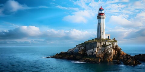 Navigating Safely: The Tall Lighthouse on a Rocky Island. Concept Maritime navigation, Lighthouse history, Island landmarks, Rocky terrains, Safety precautions