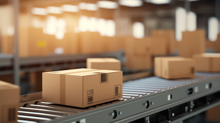 Cardboard Boxes on Conveyor Belt in Warehouse
